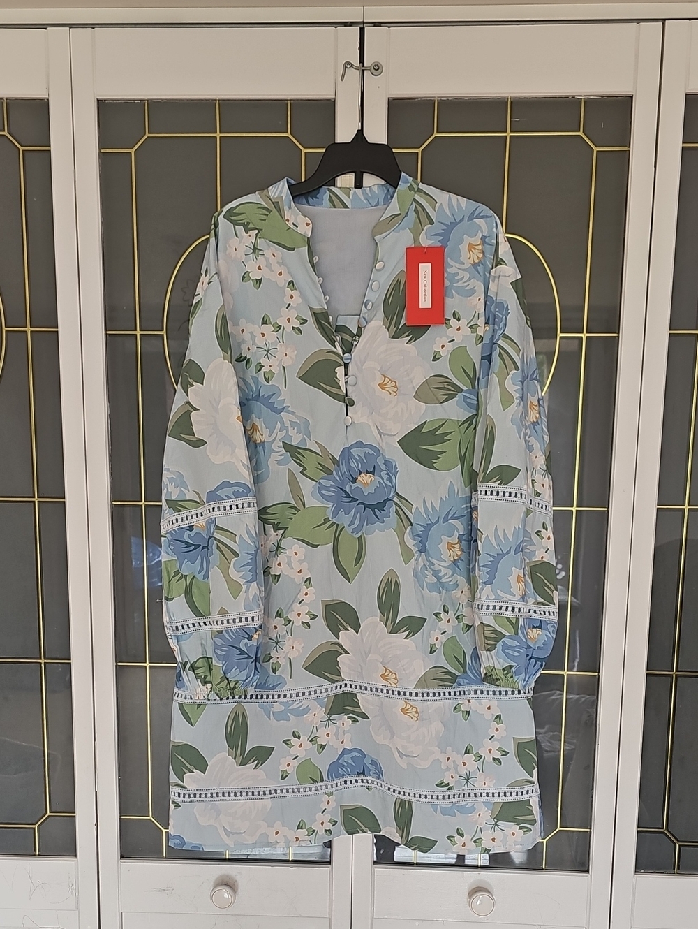 Light Blue Floral Long-Sleeve Tunic Dress